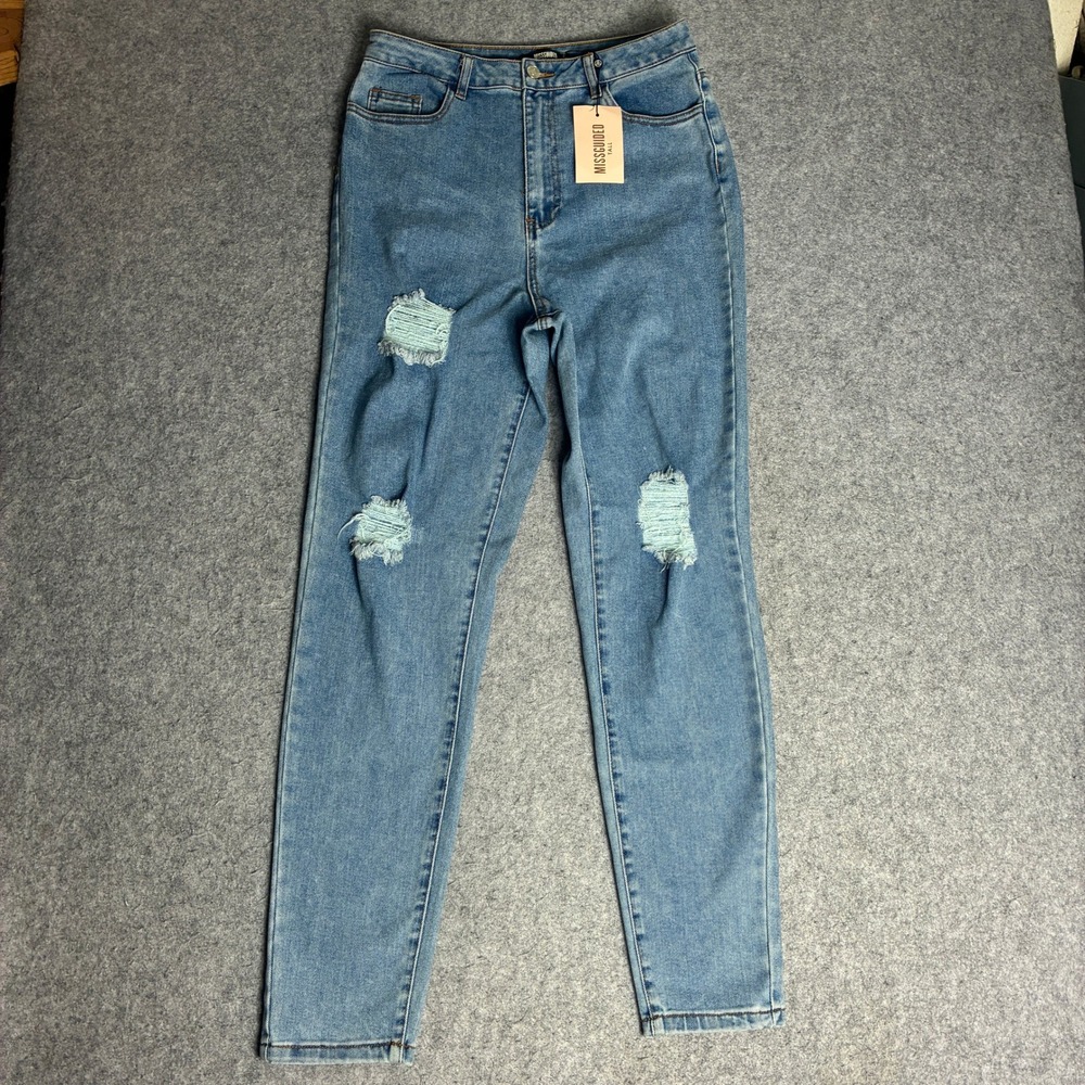 Missguided Tall Stretch Ripped Mom Jeans Women 8L 30x31 Blue NEW Distressed